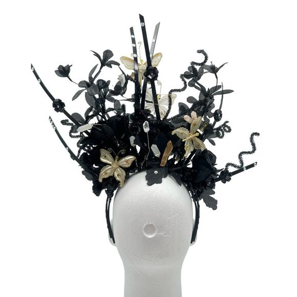 GOTHIC Artisan halo crown Black Floral Headpiece with Butterfly Accent handmade main image 9